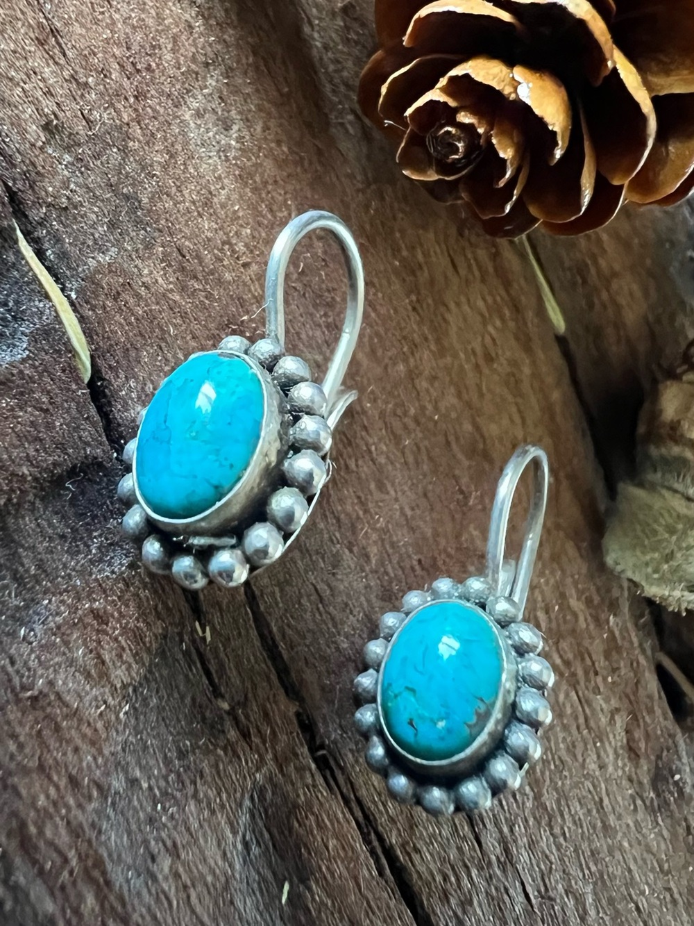 FAS Brooklyn NY Turquoise Earrings Leverback Oval Sterling Dotted Oval Floral